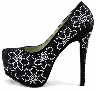 LSS00122 - Black Diamante Covered Platform Stiletto Heel Shoes