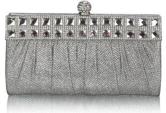 LSE0045 - Silver Ruched Satin Clutch With Crystal Decoration