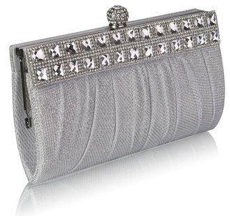 White Ruched Satin Clutch With Crystal Decoration