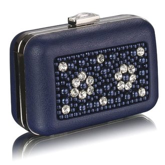 LSE00148 - Navy Beaded Box Clutch Bag With Crystal Decoration