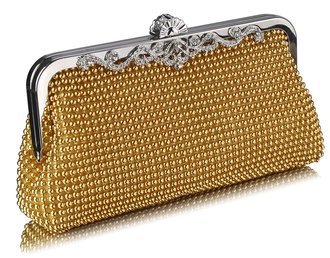 Gold Ruched Satin Clutch With Crystal Decoration