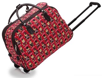 LS00309D - Red London Bear Travel Holdall Trolley Luggage With Wheels - CABIN APPROVED