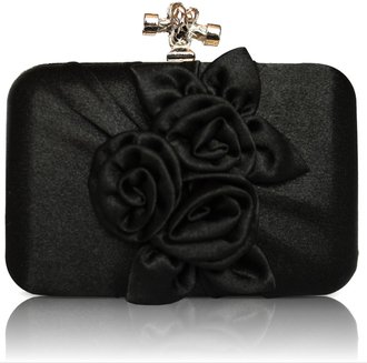 LSE0042 - Black Satin Flower Clutch Bag