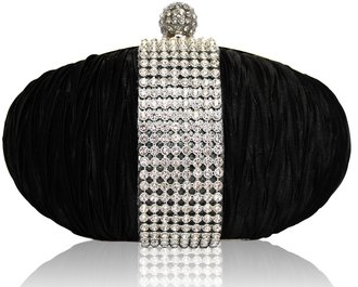 LSE0044 - Black Ruched Satin Clutch With Crystal Trim